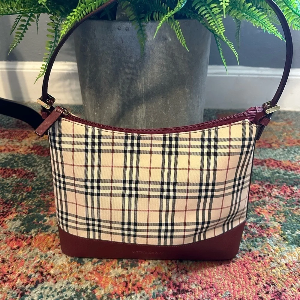 Burberry burgundy leather and house check shoulder bag with COA! - Picture 8 of 9